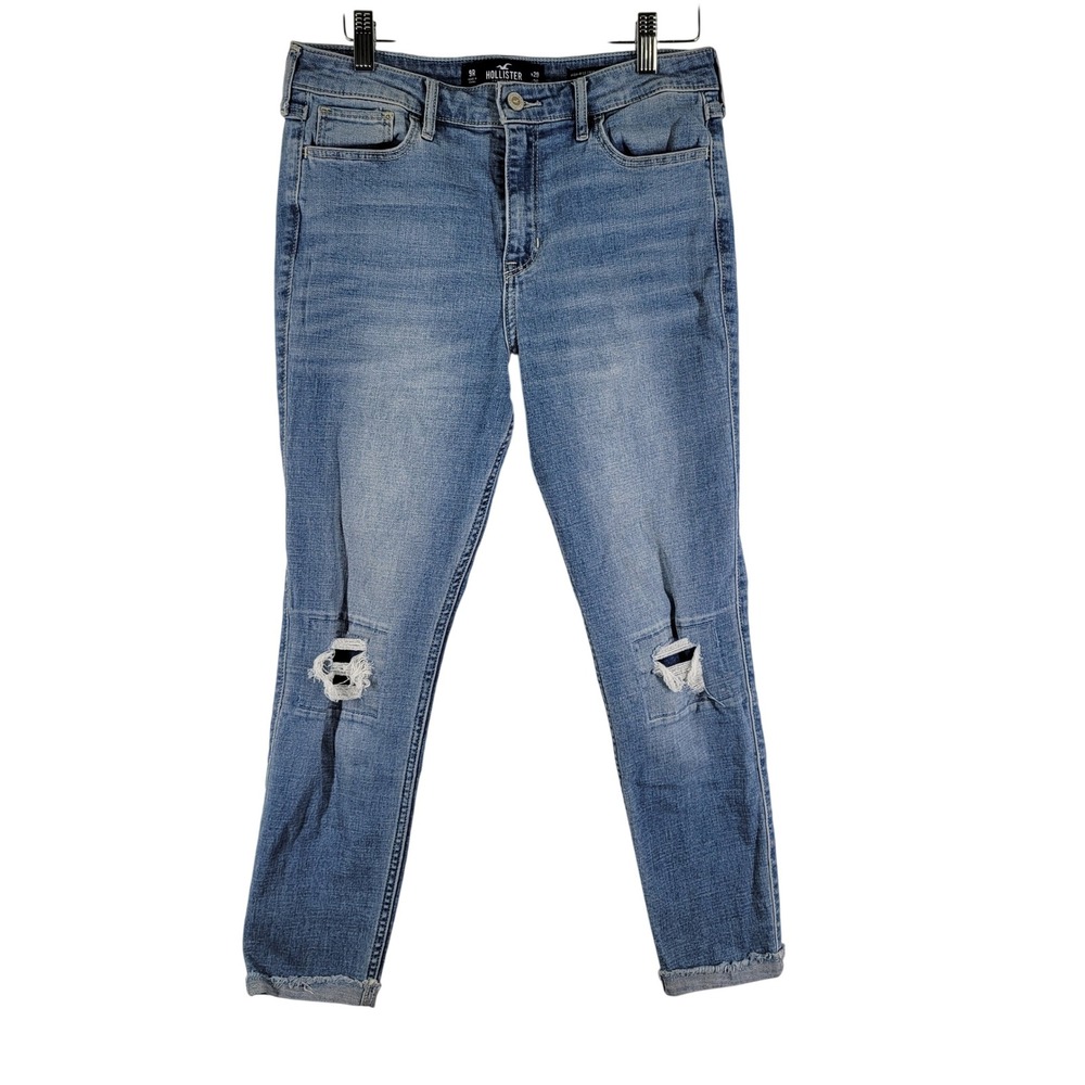 Hollister High Rise Crop Super Skinny Jeans W29 L26 Distressed Frayed Hem Blue